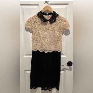 Betsey Johnson, beige and black lace dress. Unique & stunning. Above the knee.
